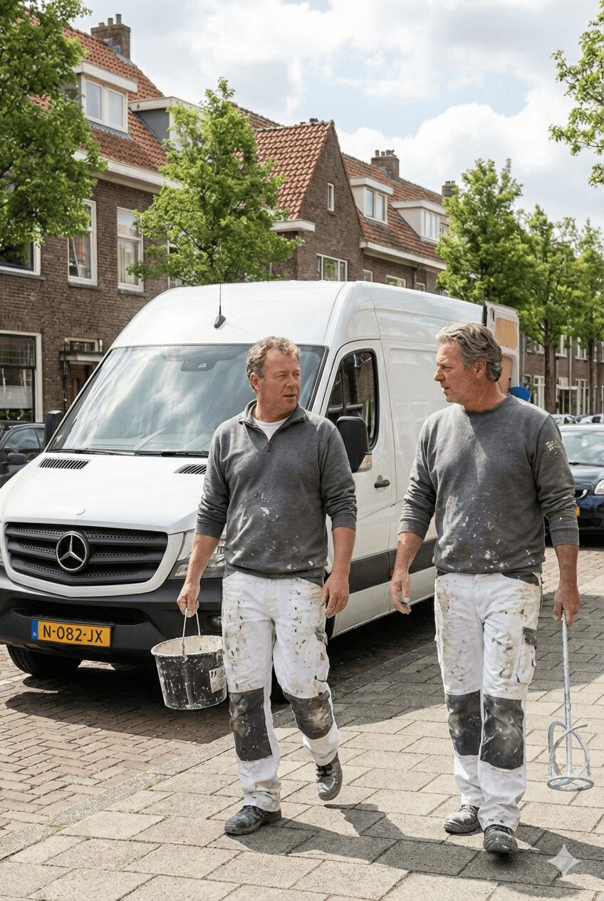 twee stukadoors lopen met gereedschap