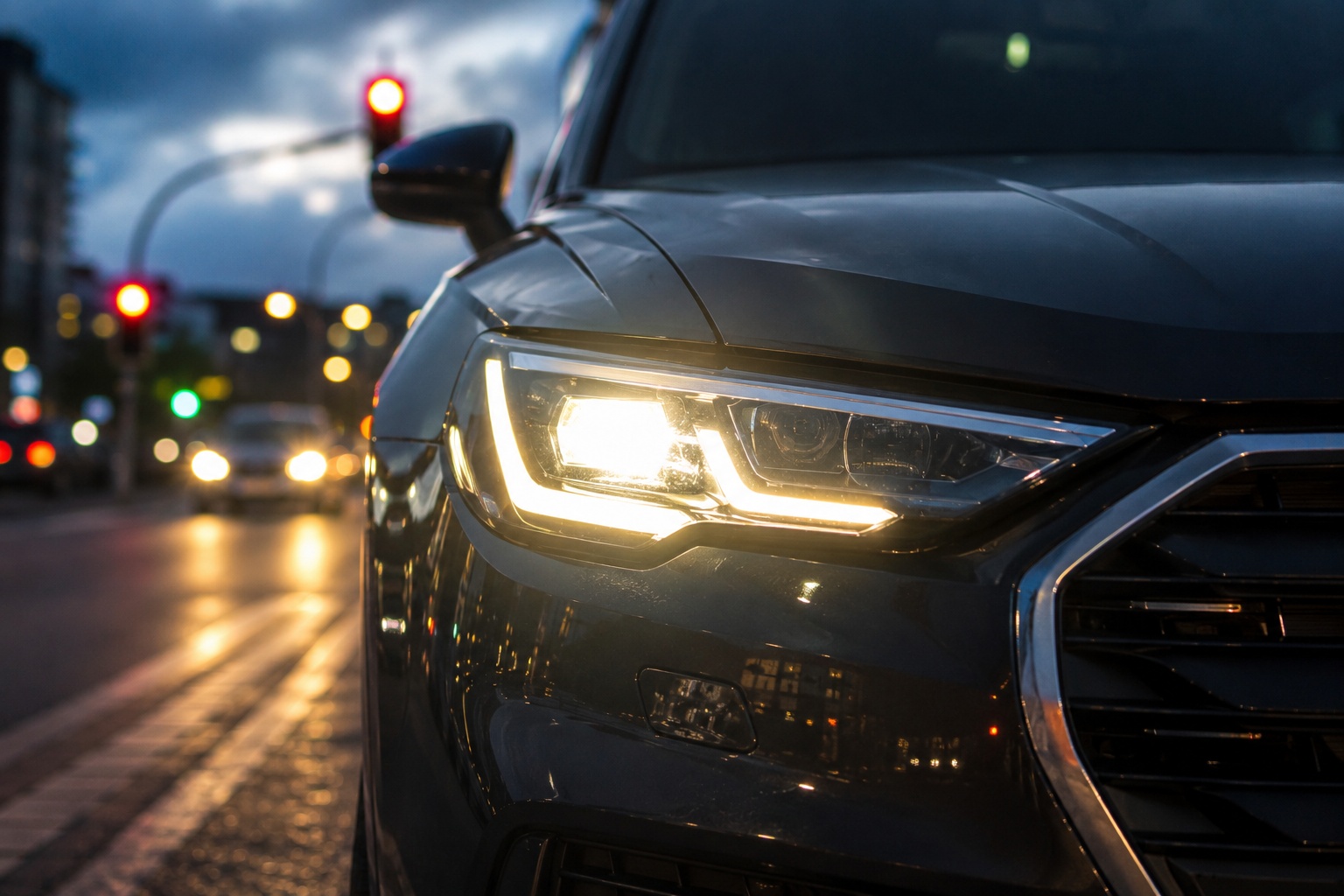 Close-up van een auto met brandende koplamp op de weg