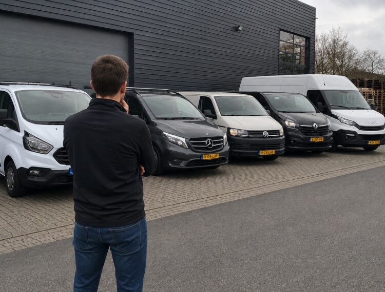 Ondernemer bekijkt verschillende bedrijfswagens om een passende bedrijfswagen voor zijn onderneming te kiezen.