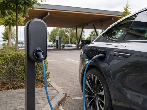 Elektrische auto wordt opgeladen bij een laadpaal