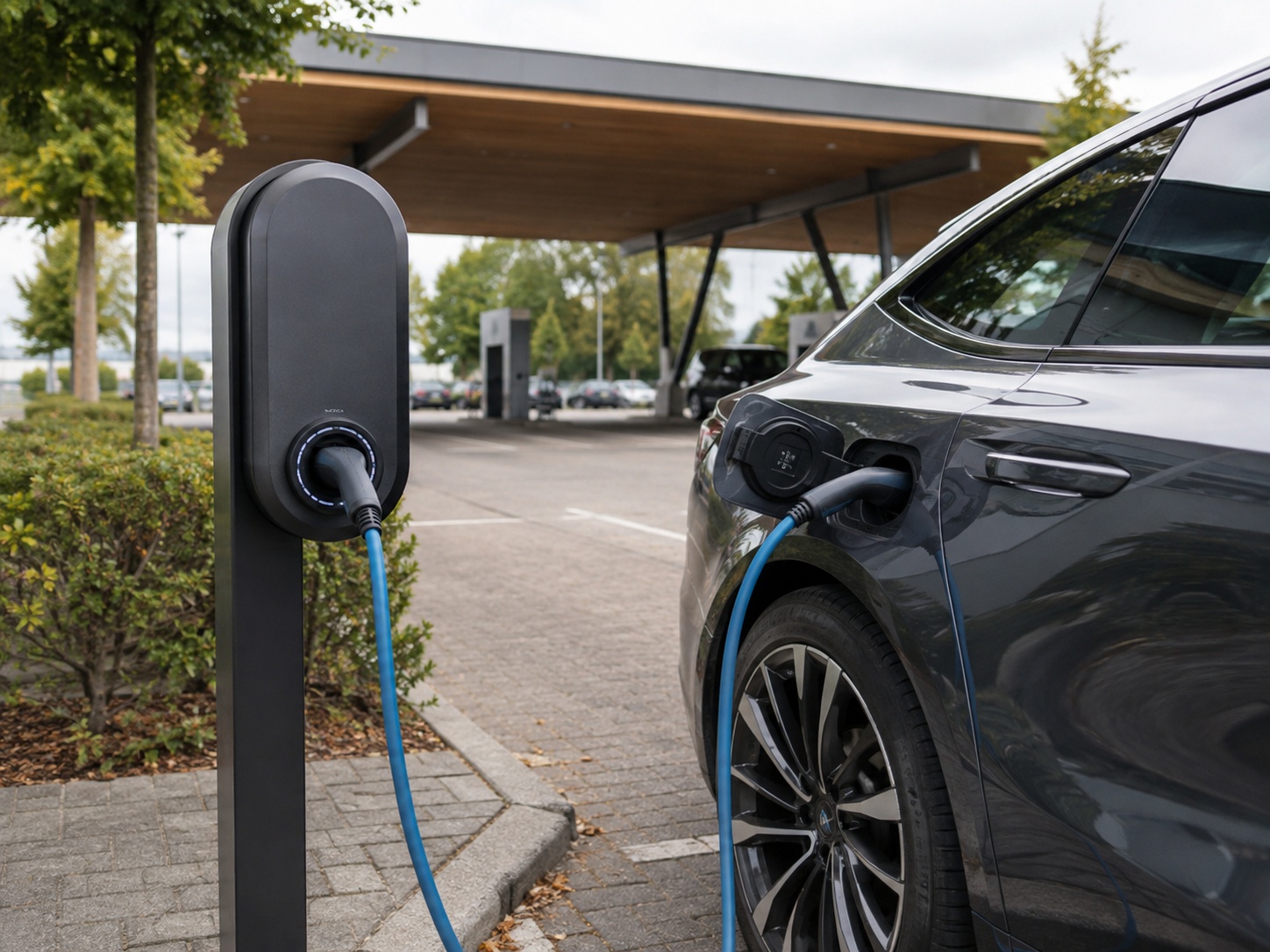 Elektrische auto wordt opgeladen bij een laadpaal