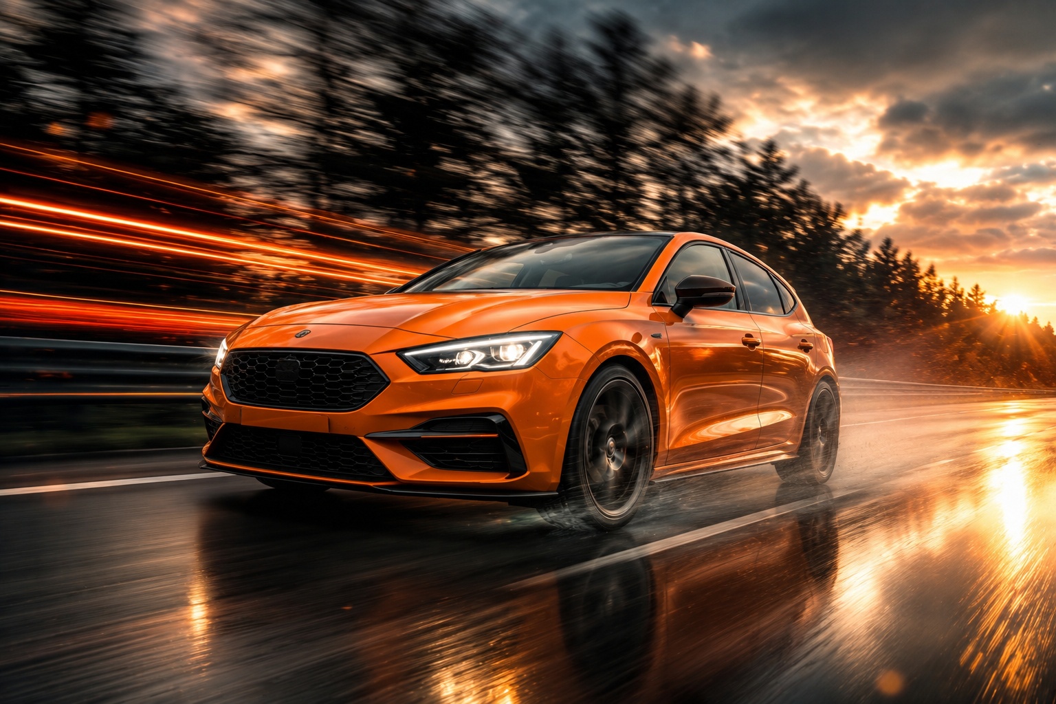 Oranje auto rijdt met hoge snelheid over een natte weg