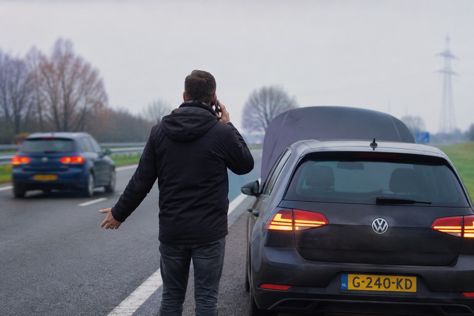 Automobilist met pech belt om hulp naast een auto met Nederlands kenteken