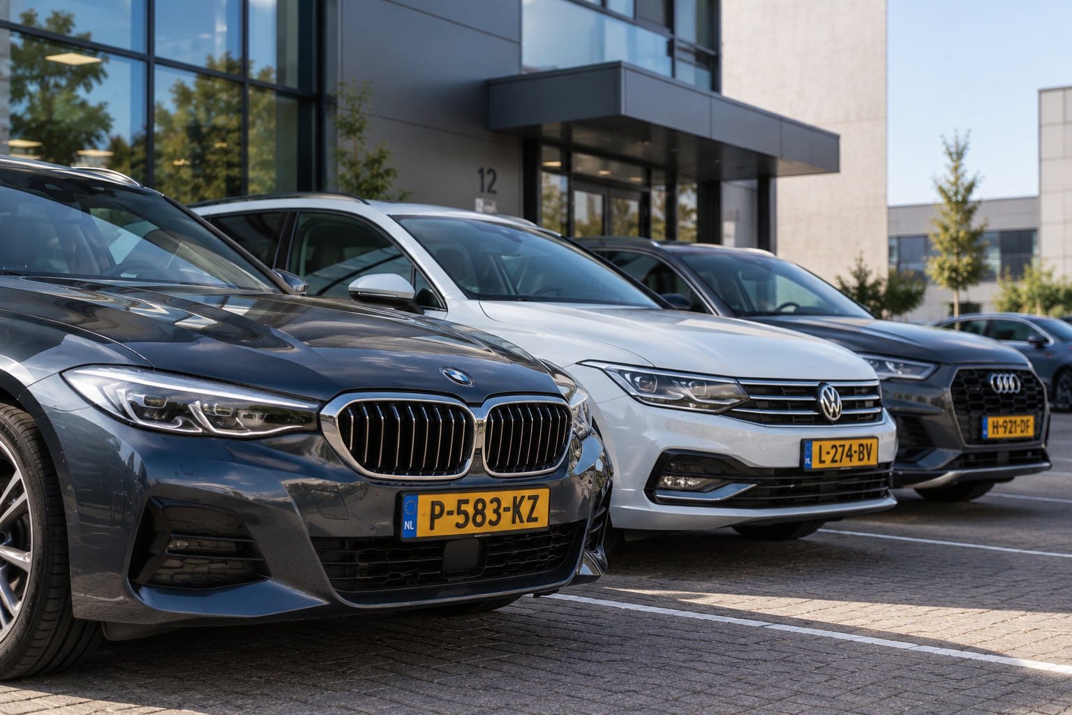 Zakelijke auto’s geparkeerd voor een modern bedrijfspand.