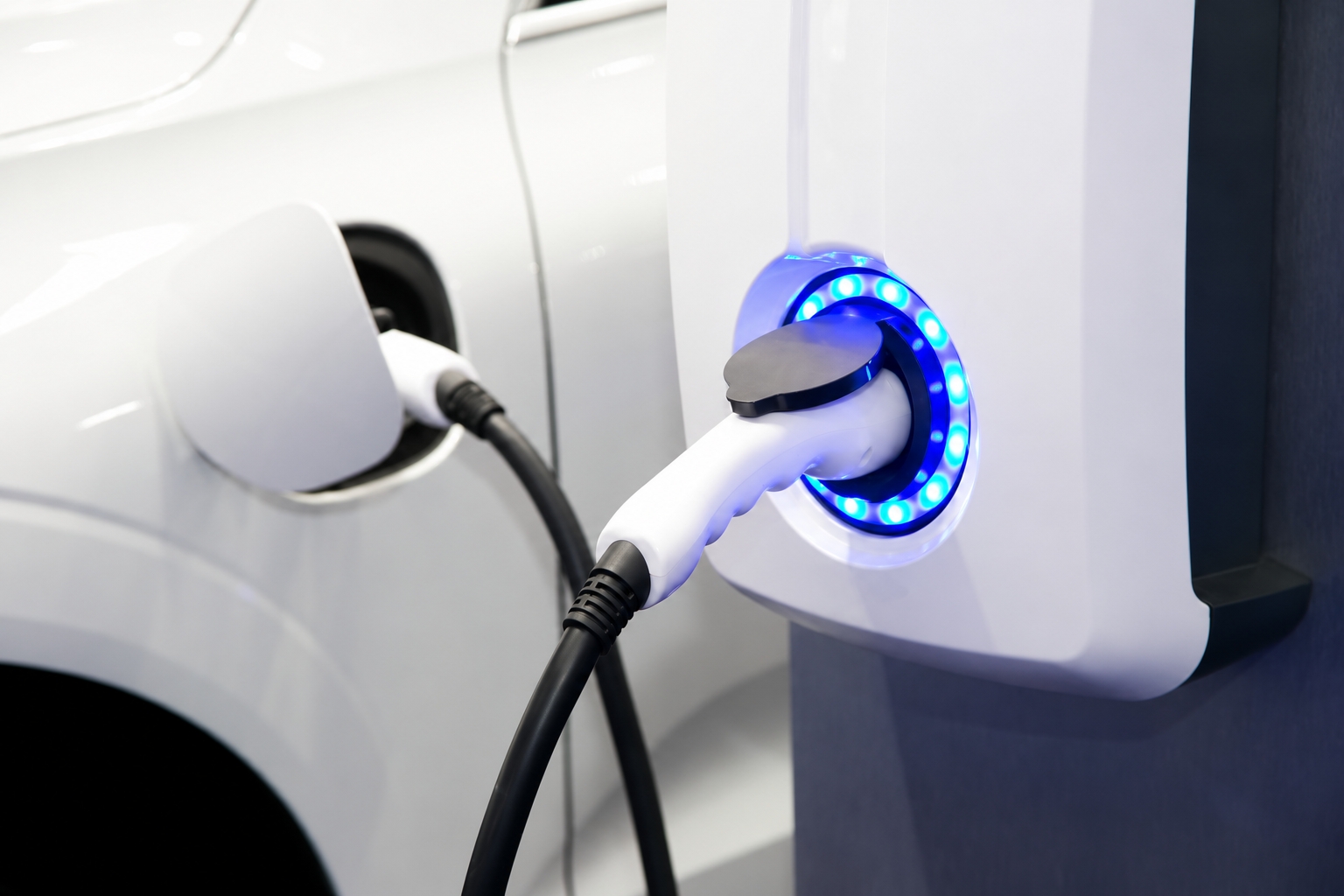 Elektrische auto aangesloten op een laadpaal met blauwe LED-verlichting.