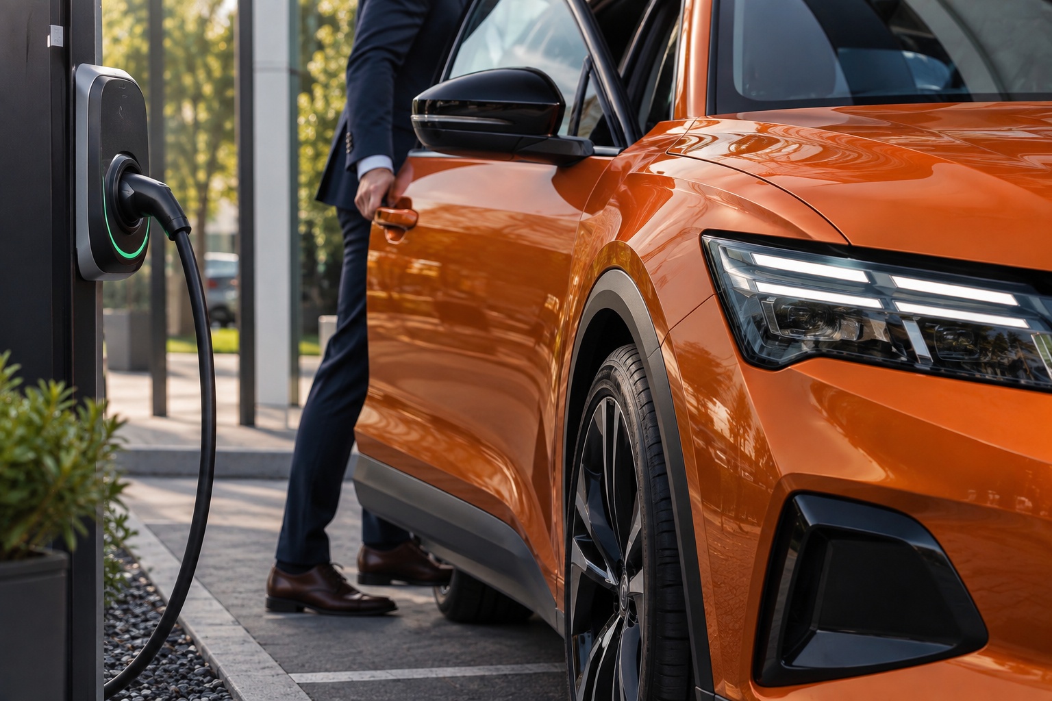 Oranje elektrische zakelijke auto bij een laadpaal voor een modern bedrijf, passend bij flexibel en toekomstgericht zakelijk rijden.